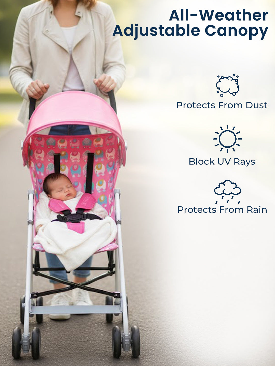 Polka Tots Pink Light Weight Elephant Print Buggy Stroller
