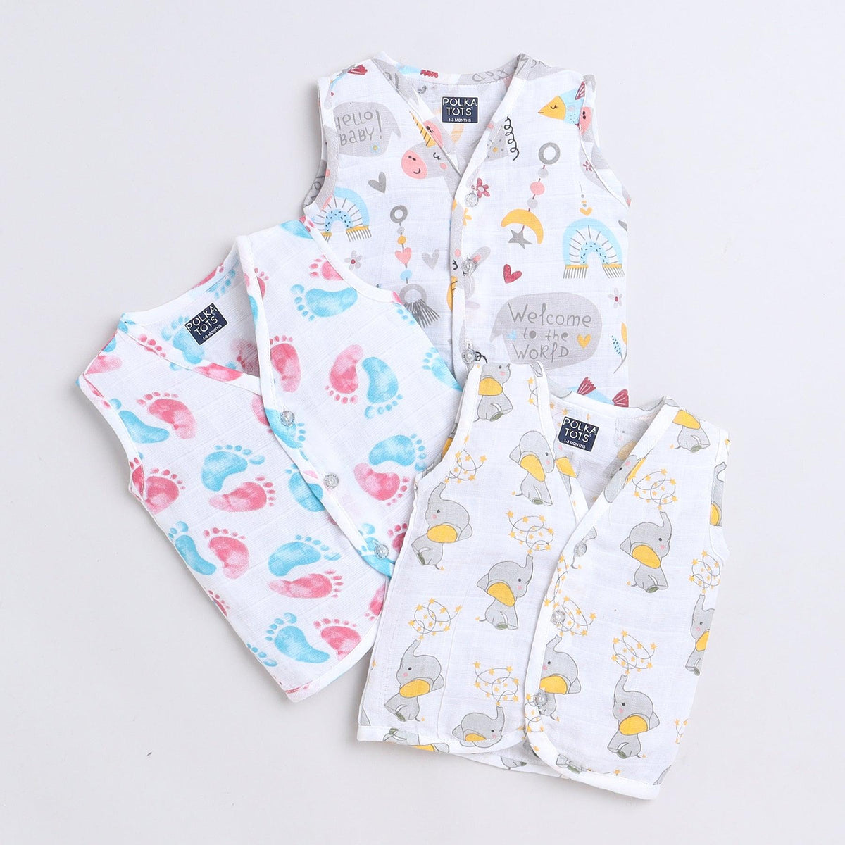Polka Tots Unisex Multi-Color Cotton Sleeveless Jablas (Pack Of 3) (1-3 Months)