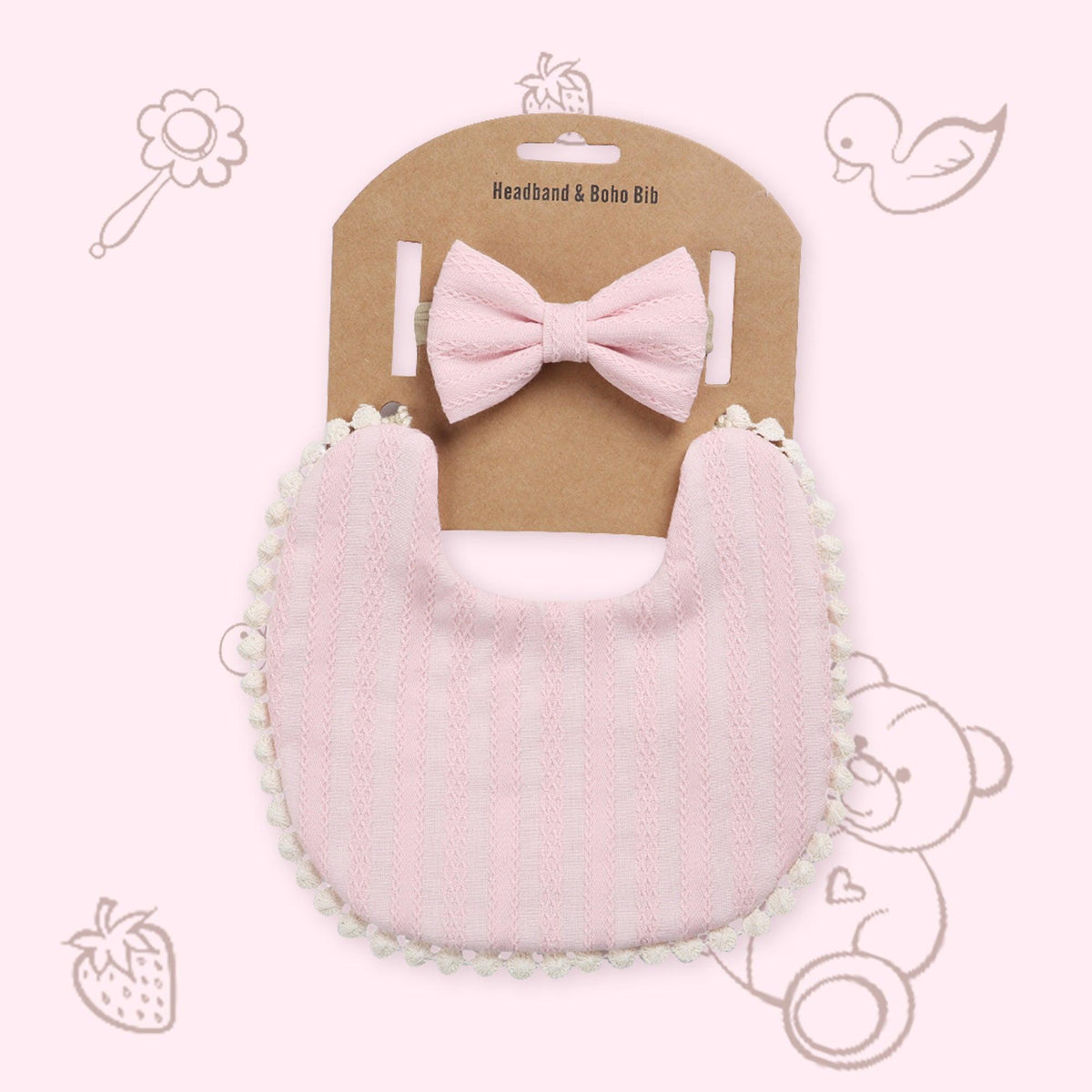 Polka Tots Pink Cotton Embroidery Bow Headband with Reversible Boho Bib (Set of 2) 12-18 Months