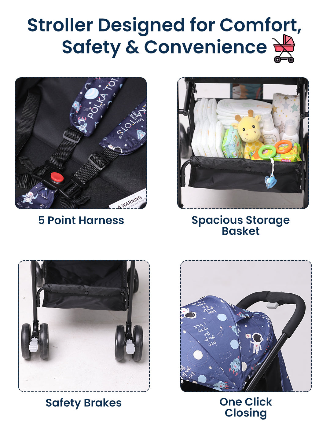 Polka Tots Blue Click Clack Travel System Space Printed Stroller & Car Seat