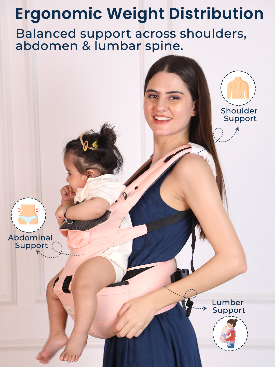 Polka Tots 6 in 1 Peach Hip Seat Baby Carrier with Airbag Seat