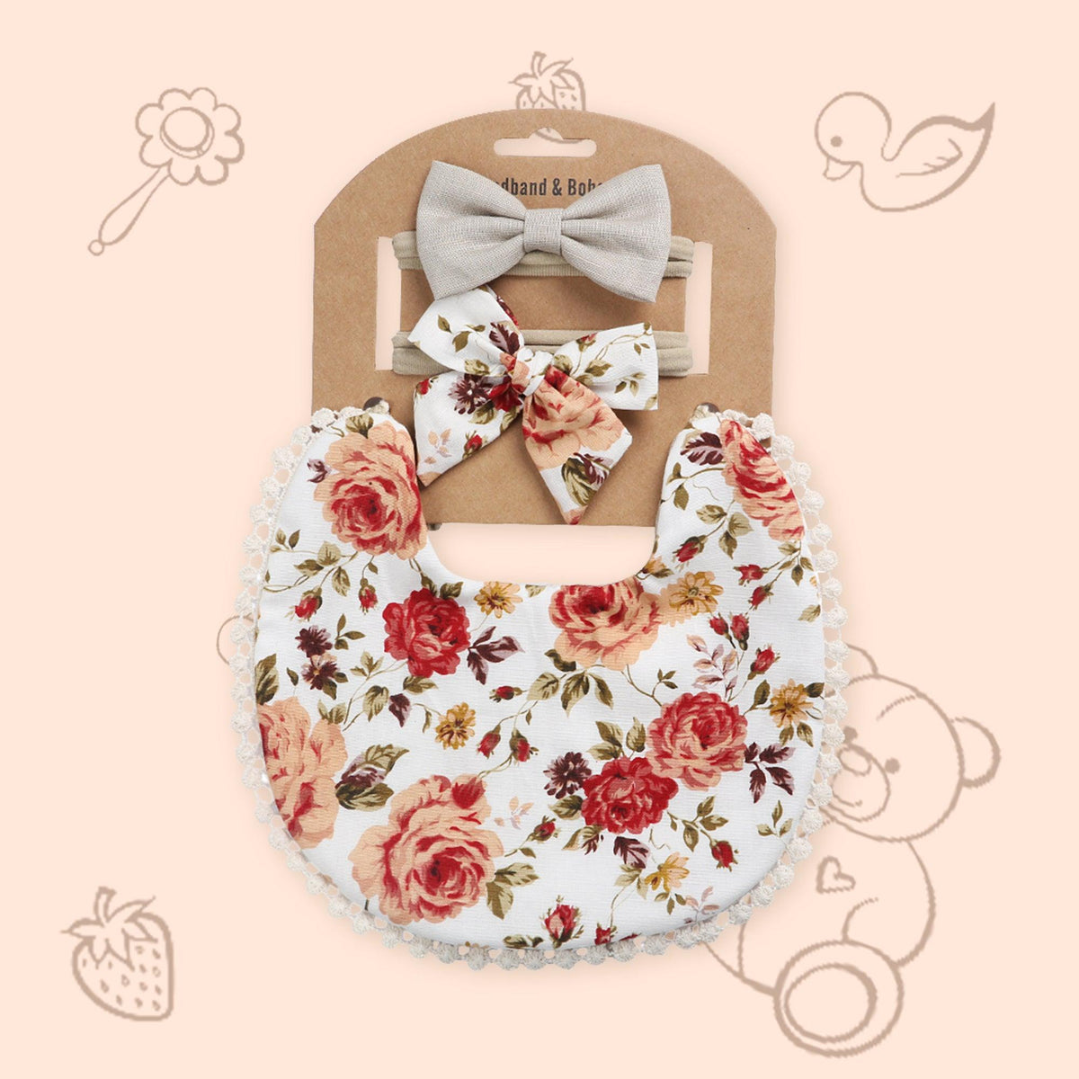Polka Tots White Cotton Rose Print Bow Headband with Reversible Boho Bib (Set of 3) 12-18 Months