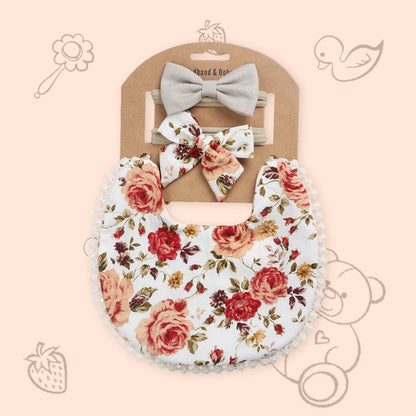 Polka Tots White Cotton Rose Print Bow Headband with Reversible Boho Bib (Set of 3) 12-18 Months