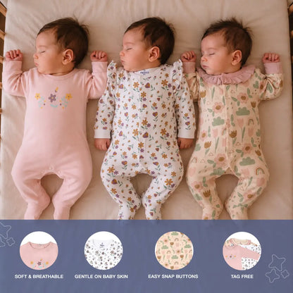 PREKIES Footed Sleepsuits Set - Flower Print Pack Of 3