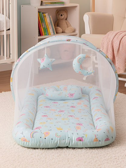 Polka Tots Elephant Print Cotton Sateen Mosquito Net Bed with Toys Dangling - Blue