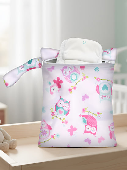 Polka Tots Waterproof & Reusable Owl Print Wet Dry Baby Diaper Bag with Zip (0-24 Months)