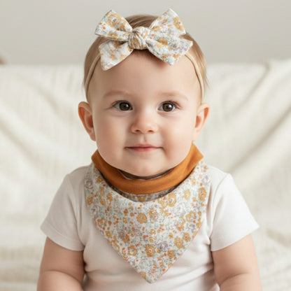Polka Tots Orange Cotton Floral Print Bow Headband with Reversible Bandana Bib (Set of 3) 12-18 Months
