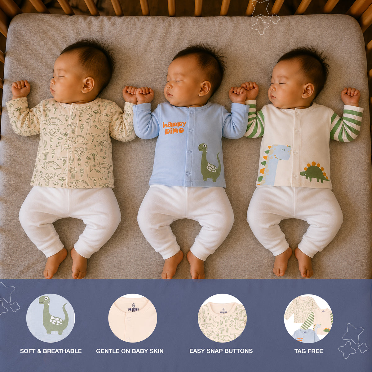 PREKIES Set Of 3 Jhablas - Dino Print (Green & Blue)