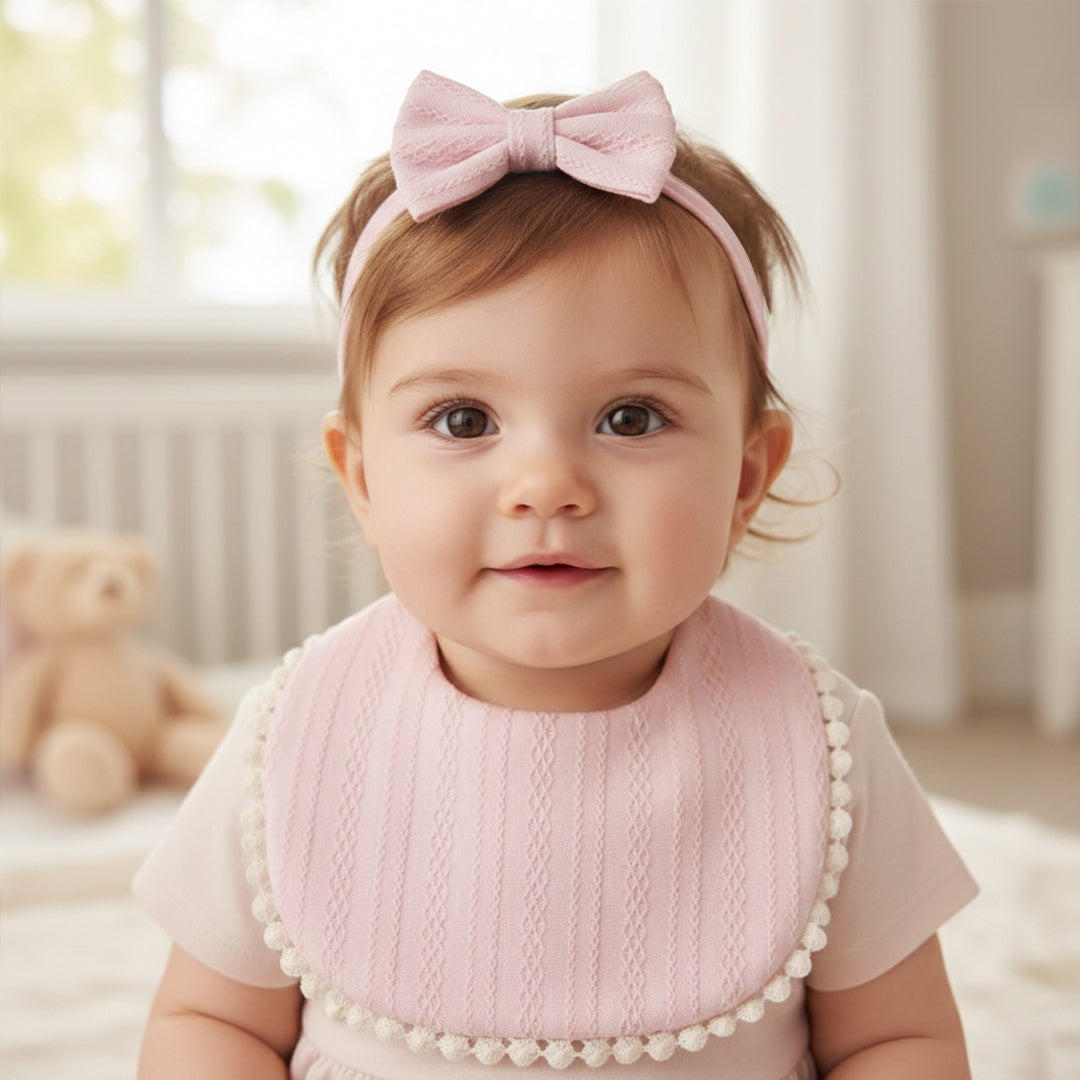 Polka Tots Pink Cotton Embroidery Bow Headband with Reversible Boho Bib (Set of 2) 12-18 Months