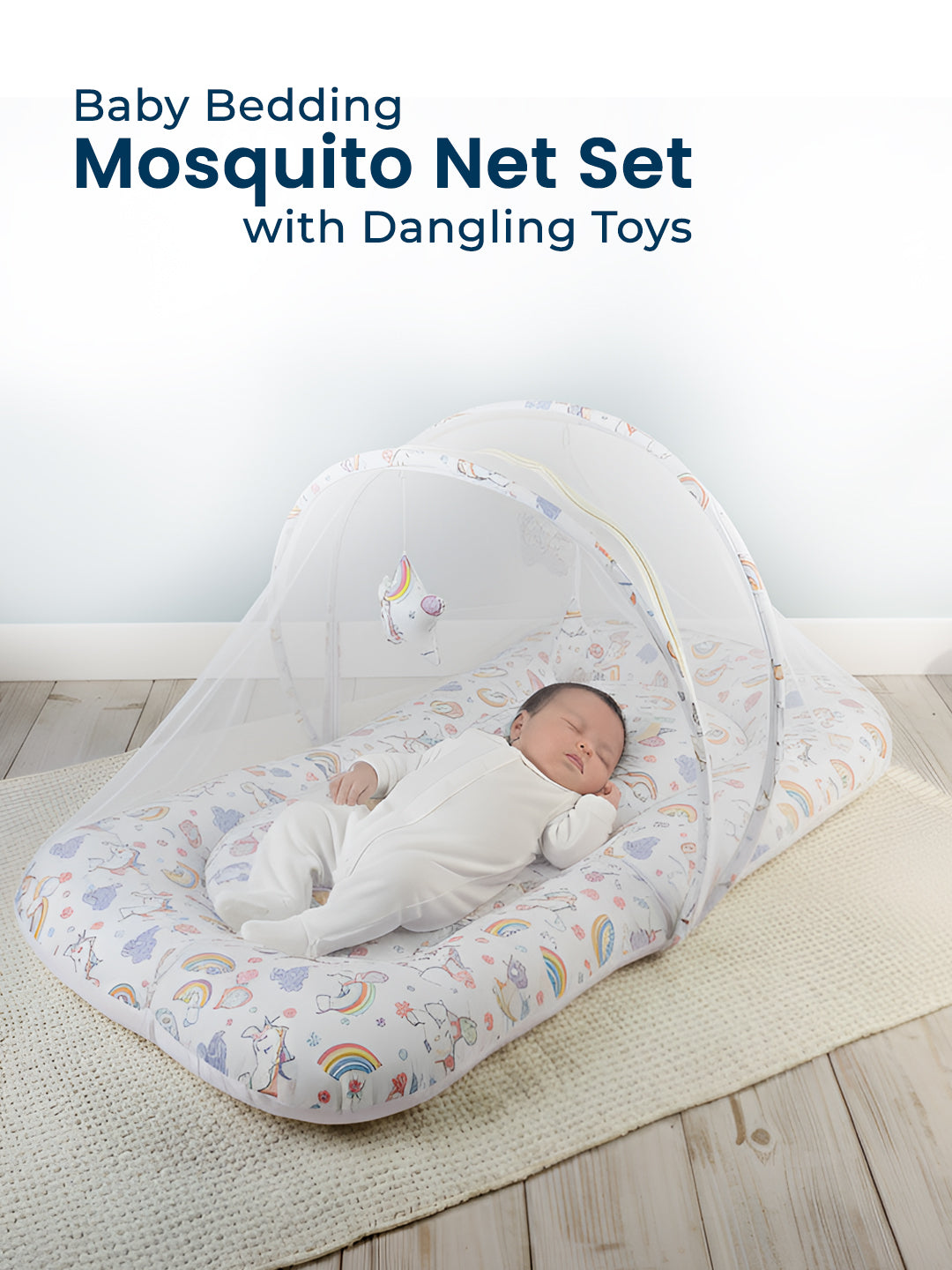 Polka Tots White Unicorn Cotton Sateen Mosquito Net Bed With Toys Dangling (18-24 Months)