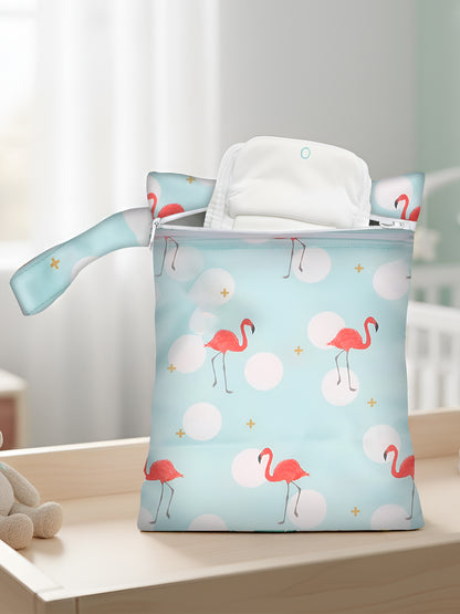 Polka Tots Waterproof & Reusable Flamingo Print Wet Dry Baby Diaper Bag with Zip (0-24 Months)