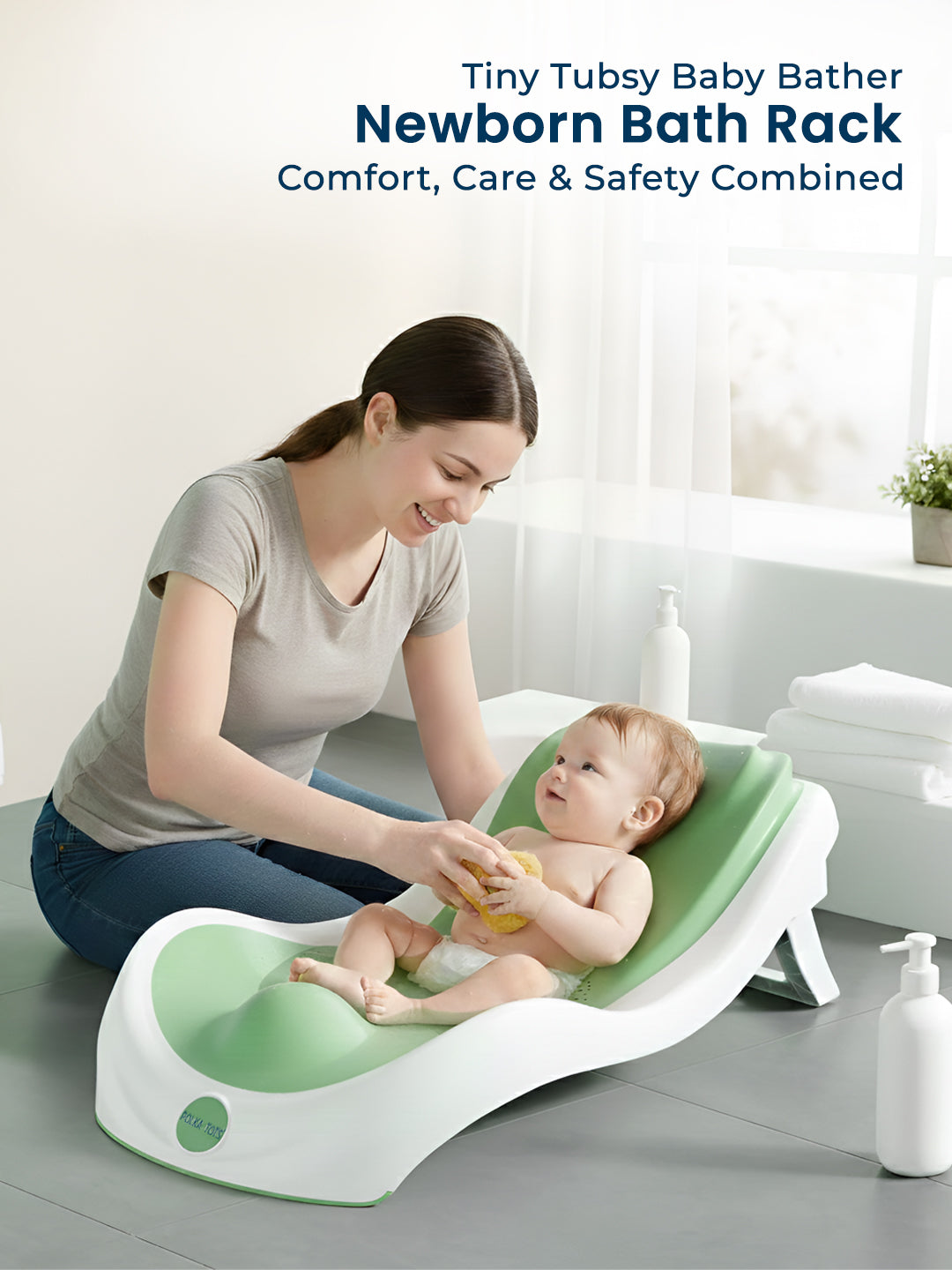 Polka Tots Tiny Tubsy Baby Bather Lightweight with Soft Rubber Newborn Bath Rack - Green