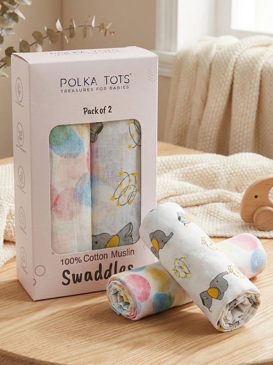 Polka Tots White Baby Elephant & Multi Dots Muslin Cotton Swaddles (Pack of 2)