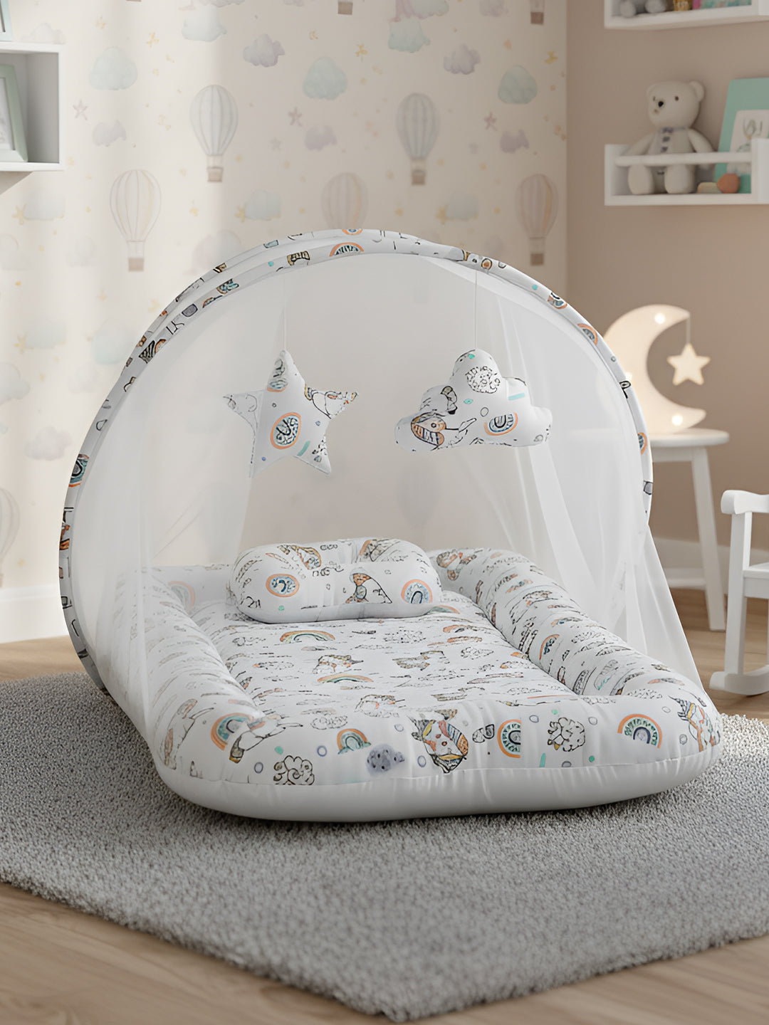 Polka Tots White Unicorn Cotton Sateen Mosquito Net Bed With Toys Dangling (18-24 Months)