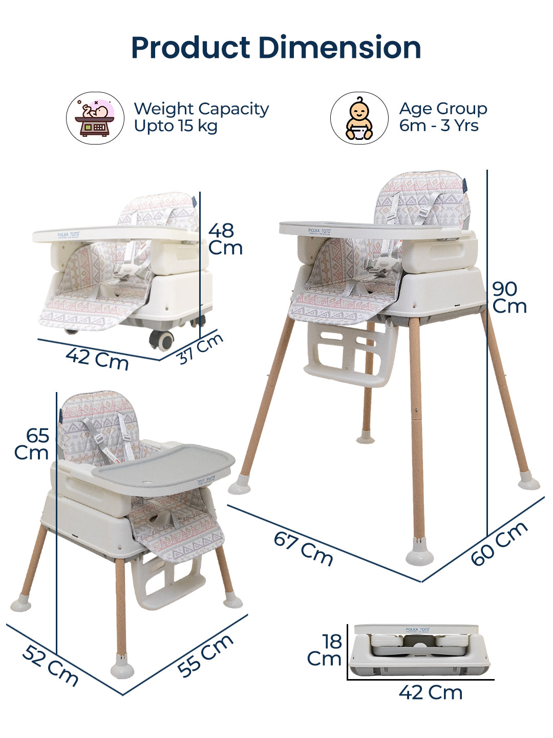 Polka Tots Kids Grey Portable Baby Dinning Table High Chair with Footrest for Toddler