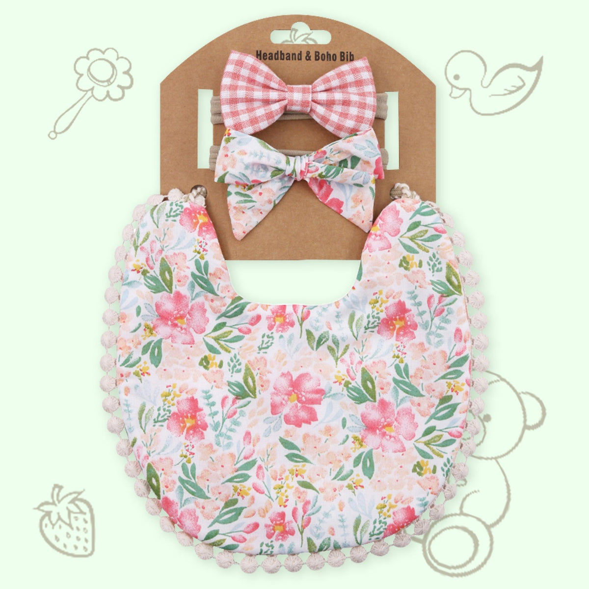 Polka Tots White Cotton Floral Bow Headband with Reversible Boho Bib (Set of 3) 12-18 Months