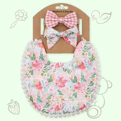 Polka Tots White Cotton Floral Bow Headband with Reversible Boho Bib (Set of 3) 12-18 Months