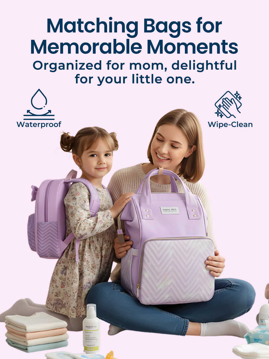 Polka Tots Purple Mama Mini Luxe Duo Diaper Bag with Attached Bow and Bag Pack (Set of 2)