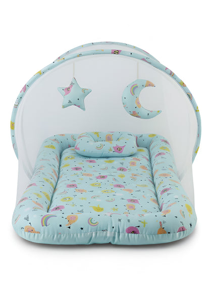 Polka Tots Elephant Print Cotton Sateen Mosquito Net Bed with Toys Dangling - Blue