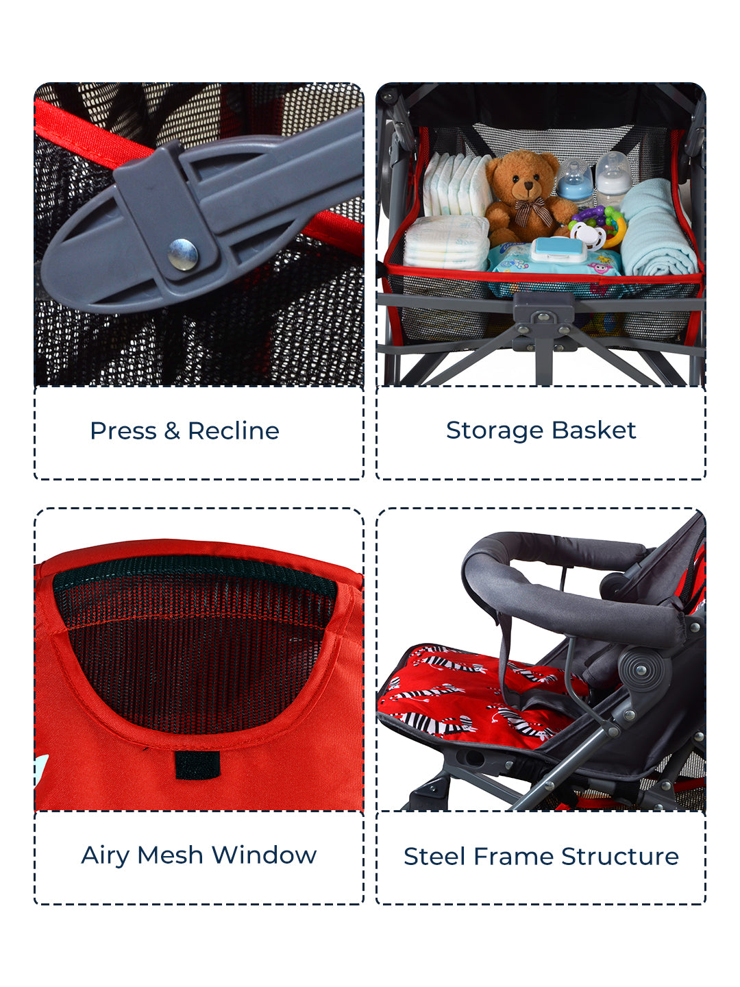 Polka Tots Zebra Stroller Pram For 0 To 3 Years Kids 5 Point Safety Harness Travel Buggy - Red