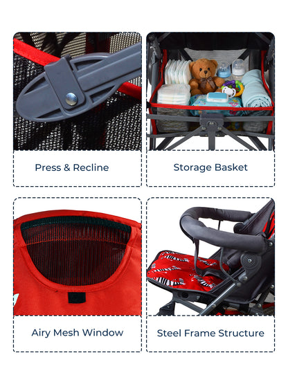 Polka Tots Zebra Stroller Pram For 0 To 3 Years Kids 5 Point Safety Harness Travel Buggy - Red