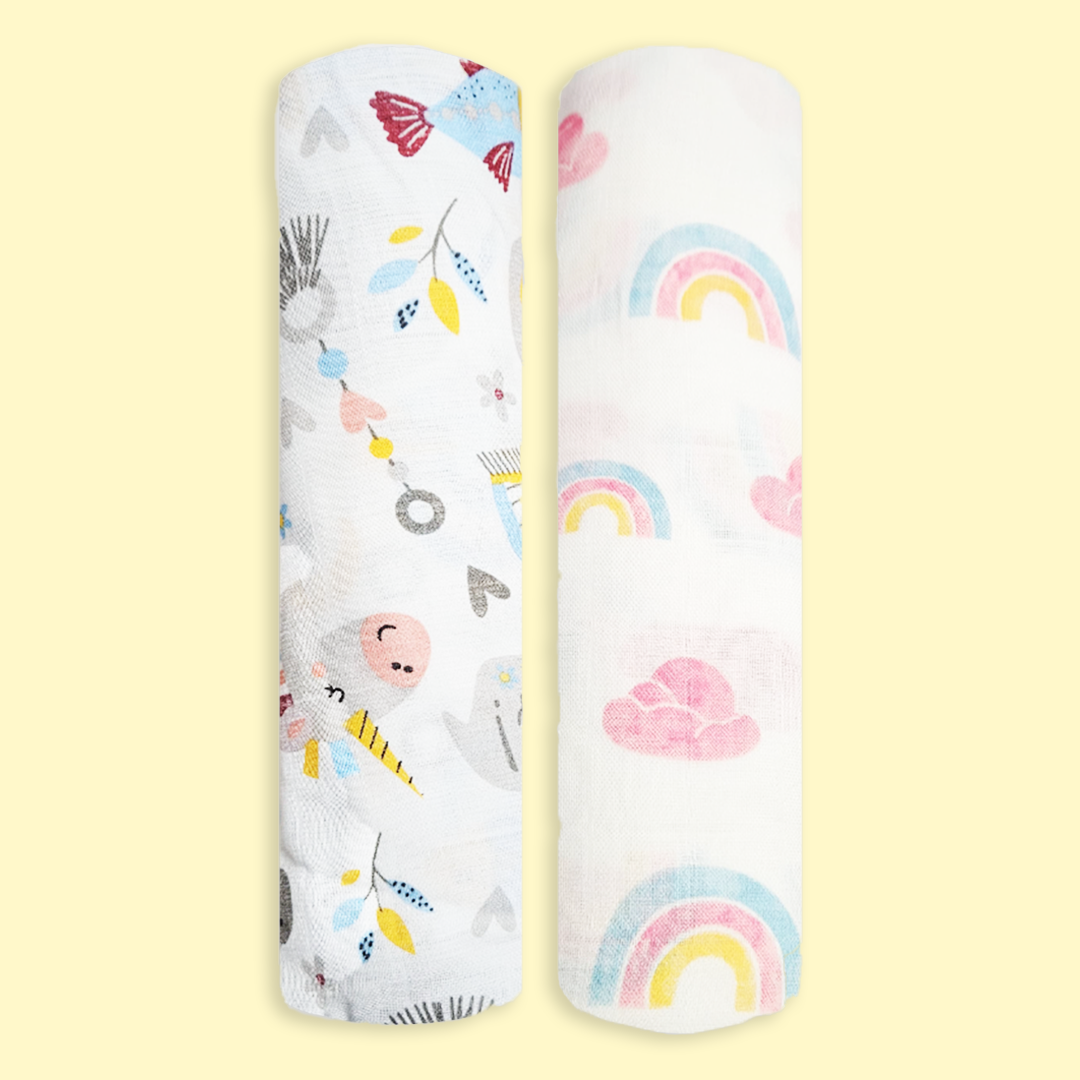 Polka Tots White Rainbow Mist & Hello Baby Muslin Cotton Swaddles (Pack of 2)