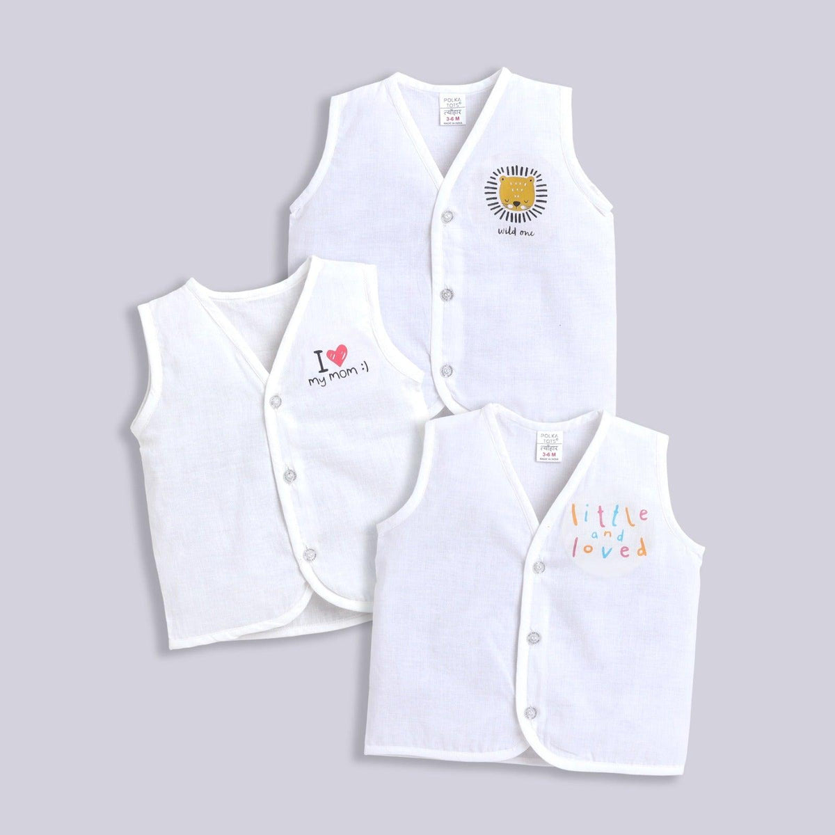 Polka Tots Unisex White Printed Cotton Sleeveless Jablas (Pack Of 3) (1-3 Months)