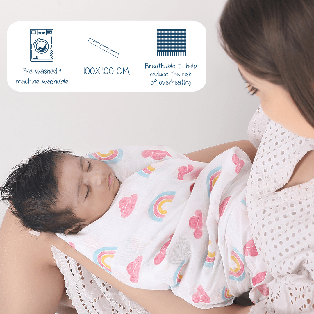 Polka Tots White Rainbow Mist & Hello Baby Muslin Cotton Swaddles (Pack of 2)