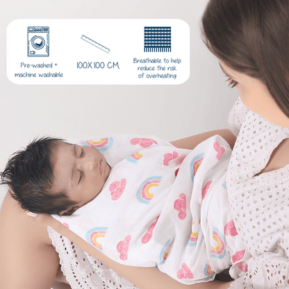 Polka Tots White Rainbow Mist & Hello Baby Muslin Cotton Swaddles (Pack of 2)