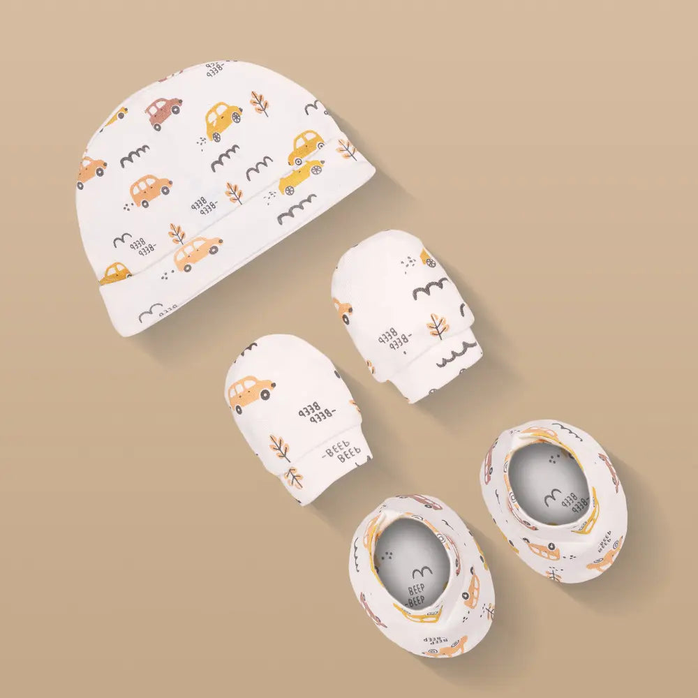 PREKIES Cap, Mitten, Booties - Car Print