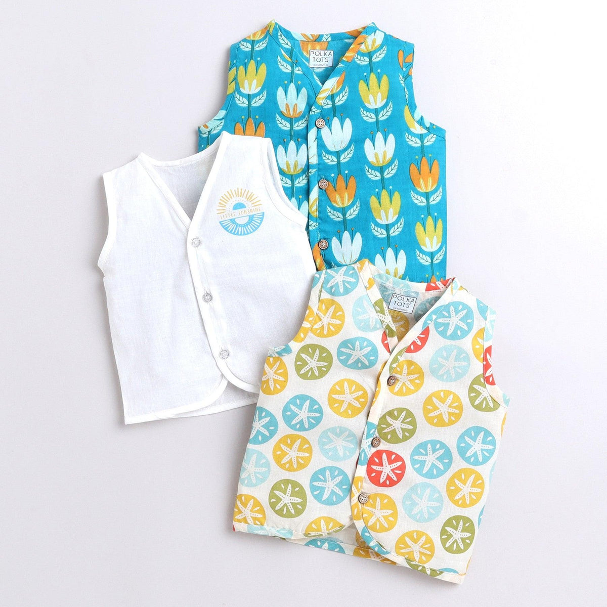 Polka Tots Unisex Multi-Color Cotton Sleeveless Jablas (Pack Of 3) (1-3 Months)
