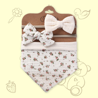 Polka Tots White Cotton Floral Print Bow Headband with Reversible Bandana Bib (Set of 3) 12-18 Months
