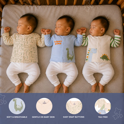 PREKIES Set Of 3 Jhablas - Dino Print (Green & Blue)