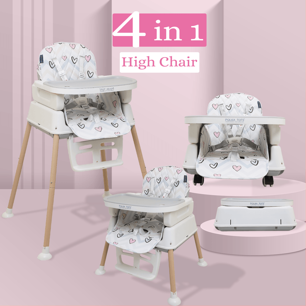 Polka Tots Kids White Portable Baby Dinning Table High Chair with Footrest for Toddler
