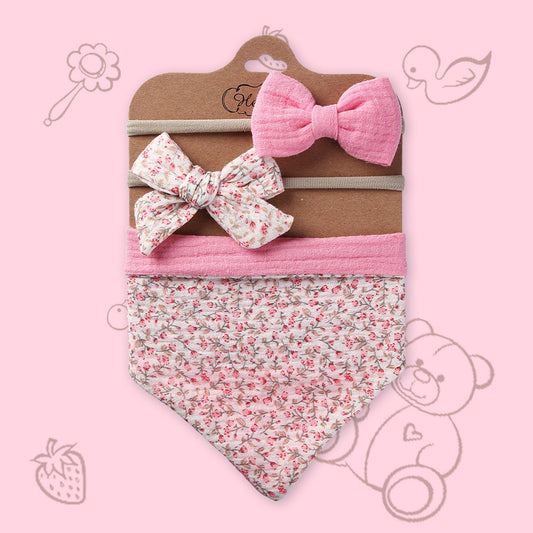 Polka Tots Pink Cotton Floral Print Bow Headband with Reversible Bandana Bib (Set of 3) 12-18 Months