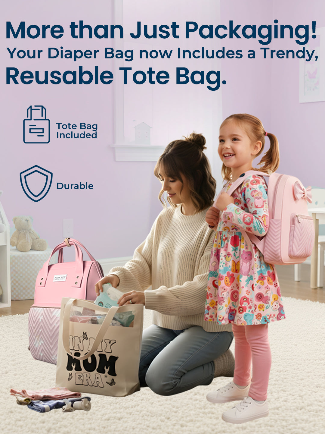 Polka Tots Pink Mama Mini Luxe Duo Diaper Bag with Attached Bow and Bag Pack (Set of 2)