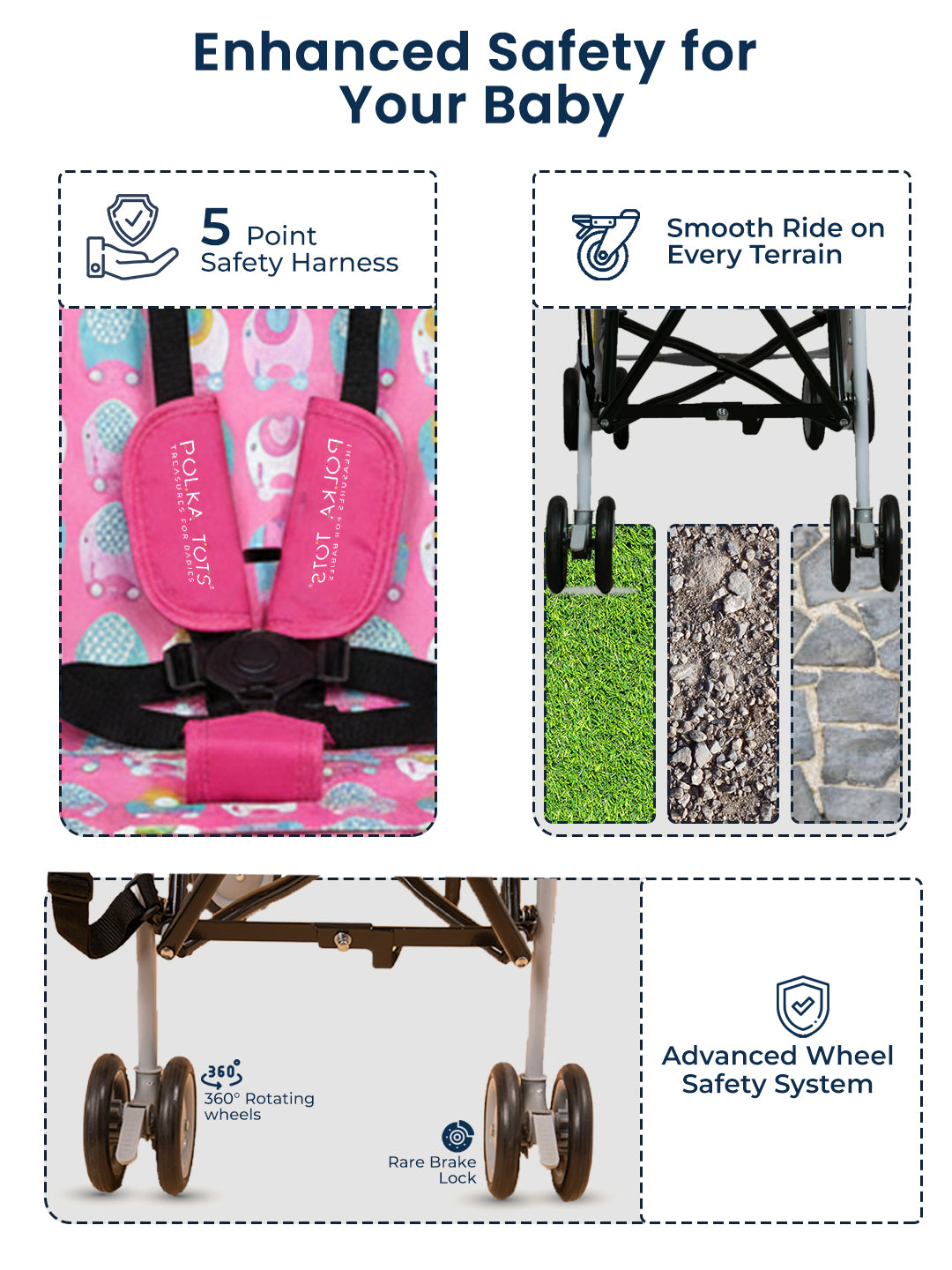 Polka Tots Pink Light Weight Elephant Print Buggy Stroller