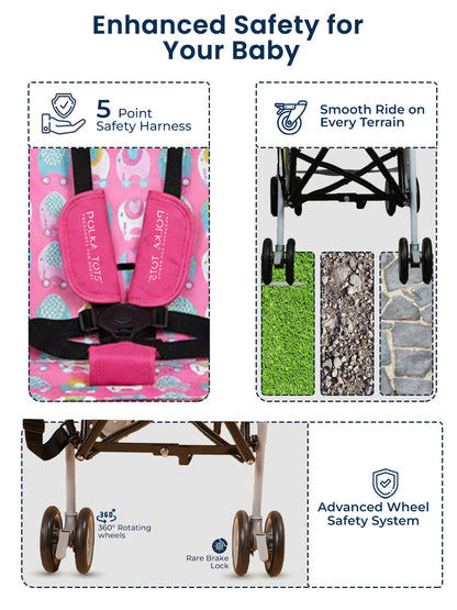Polka Tots Pink Light Weight Elephant Print Buggy Stroller