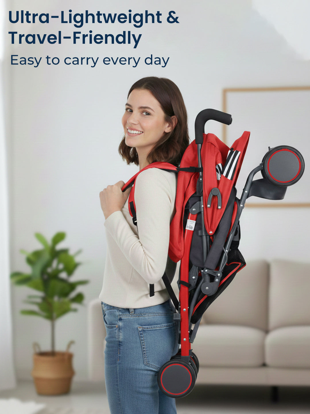 Polka Tots Zebra Stroller Pram For 0 To 3 Years Kids 5 Point Safety Harness Travel Buggy - Red