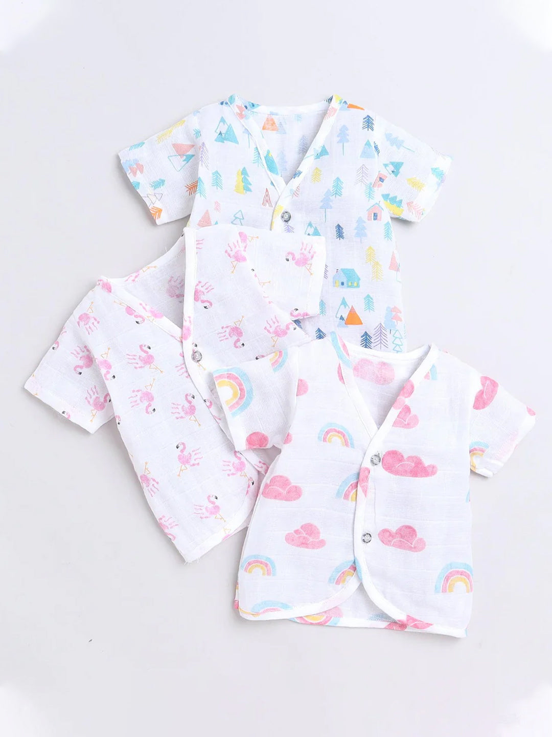 Polka Tots Unisex White Cotton Half Sleeve Jablas (Pack Of 3) (1-3 Months)