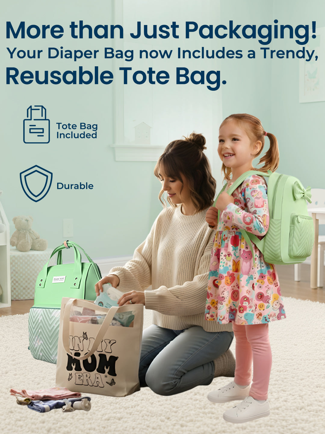 Polka Tots Green Mama Mini Luxe Duo Diaper Bag with Attached Bow and Bag Pack (Set of 2)