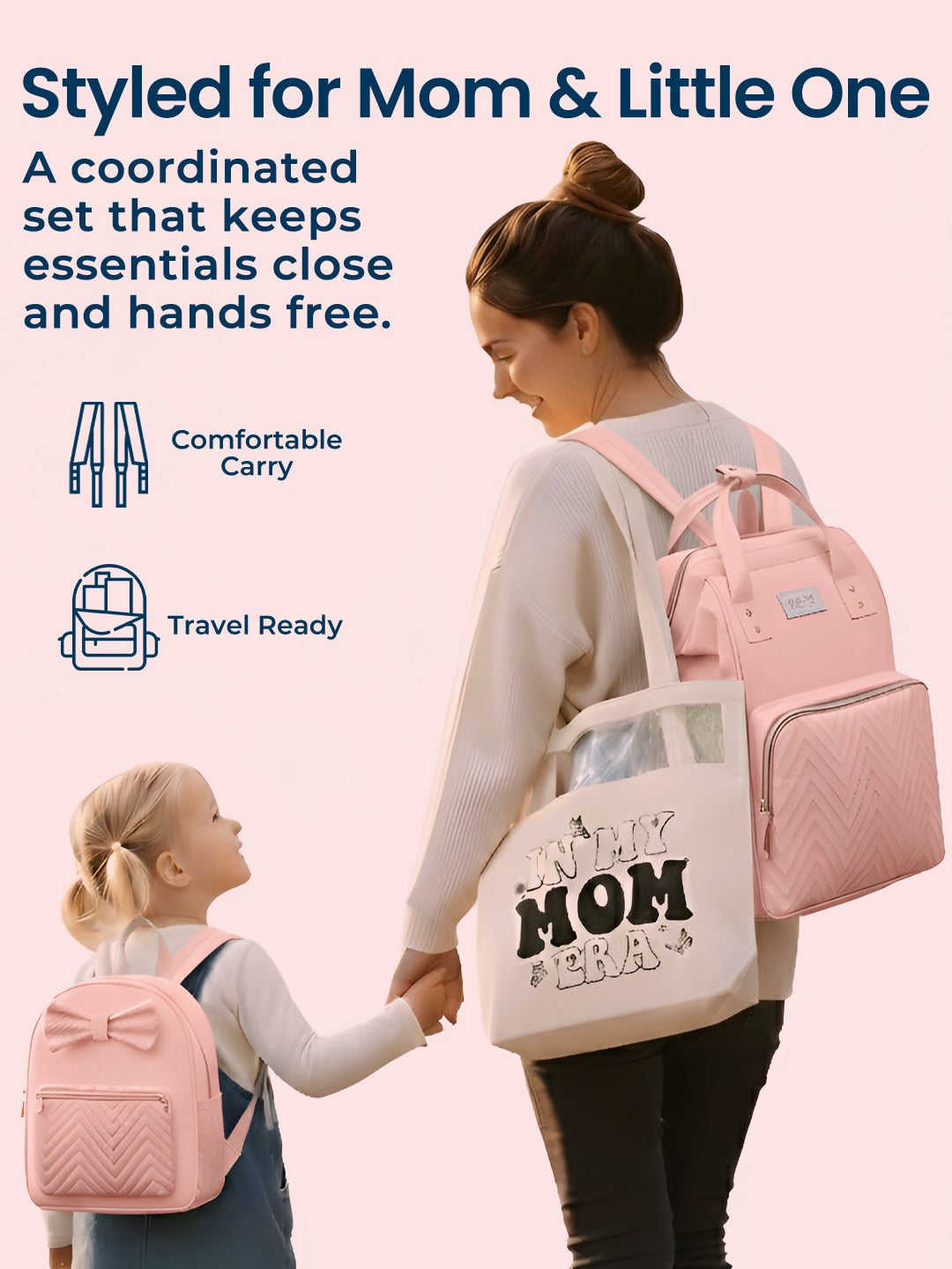 Polka Tots Pink Mama Mini Luxe Duo Diaper Bag with Attached Bow and Bag Pack (Set of 2)