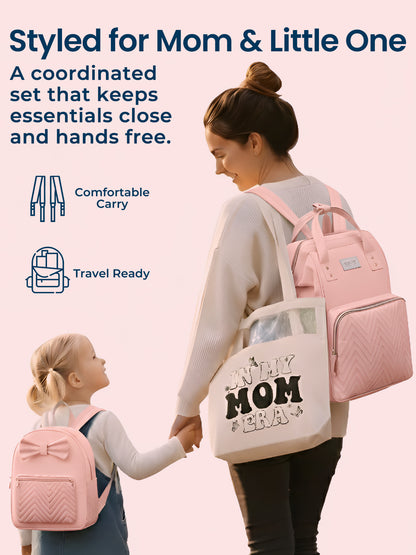 Polka Tots Pink Mama Mini Luxe Duo Diaper Bag with Attached Bow and Bag Pack (Set of 2)