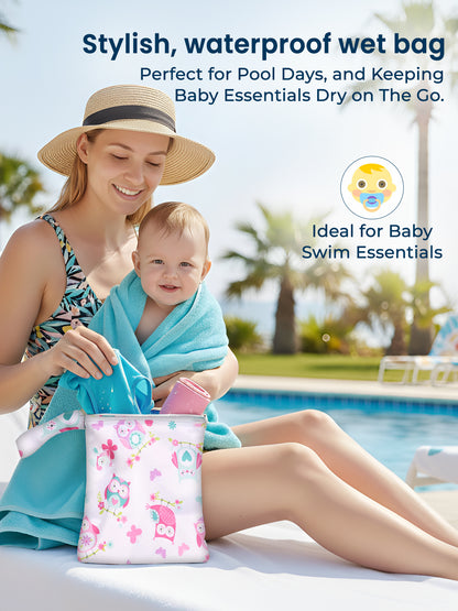 Polka Tots Waterproof & Reusable Owl Print Wet Dry Baby Diaper Bag with Zip (0-24 Months)