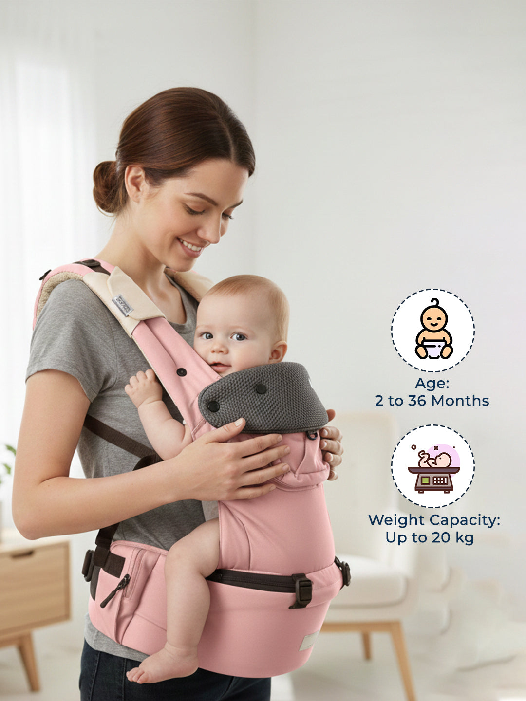 Polka Tots 6 in 1 Peach Hip Seat Baby Carrier with Airbag Seat