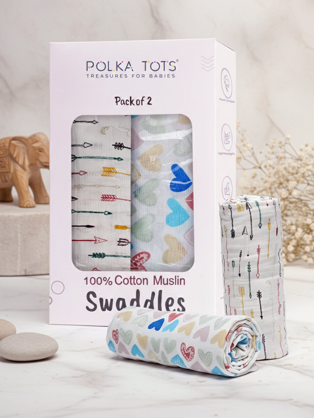 Polka Tots White Mini Hearts & Cupid Muslin Cotton Swaddles (Pack of 2)