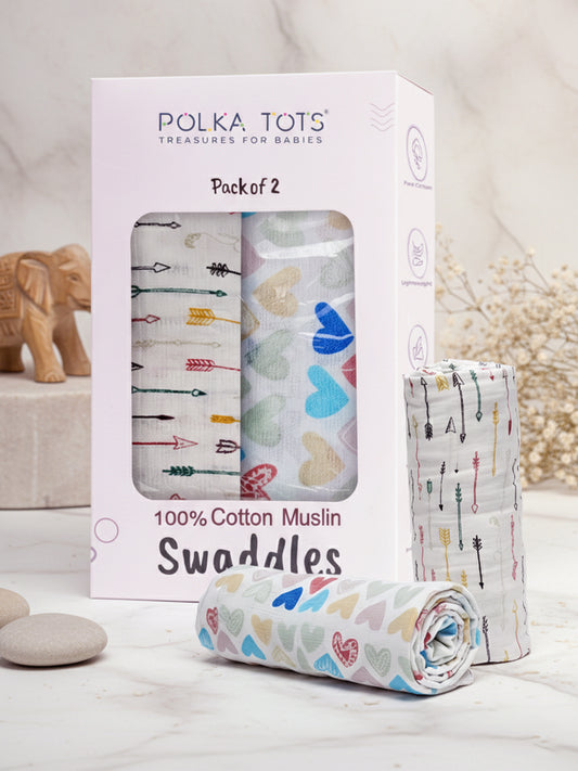 Polka Tots White Mini Hearts & Cupid Muslin Cotton Swaddles (Pack of 2)