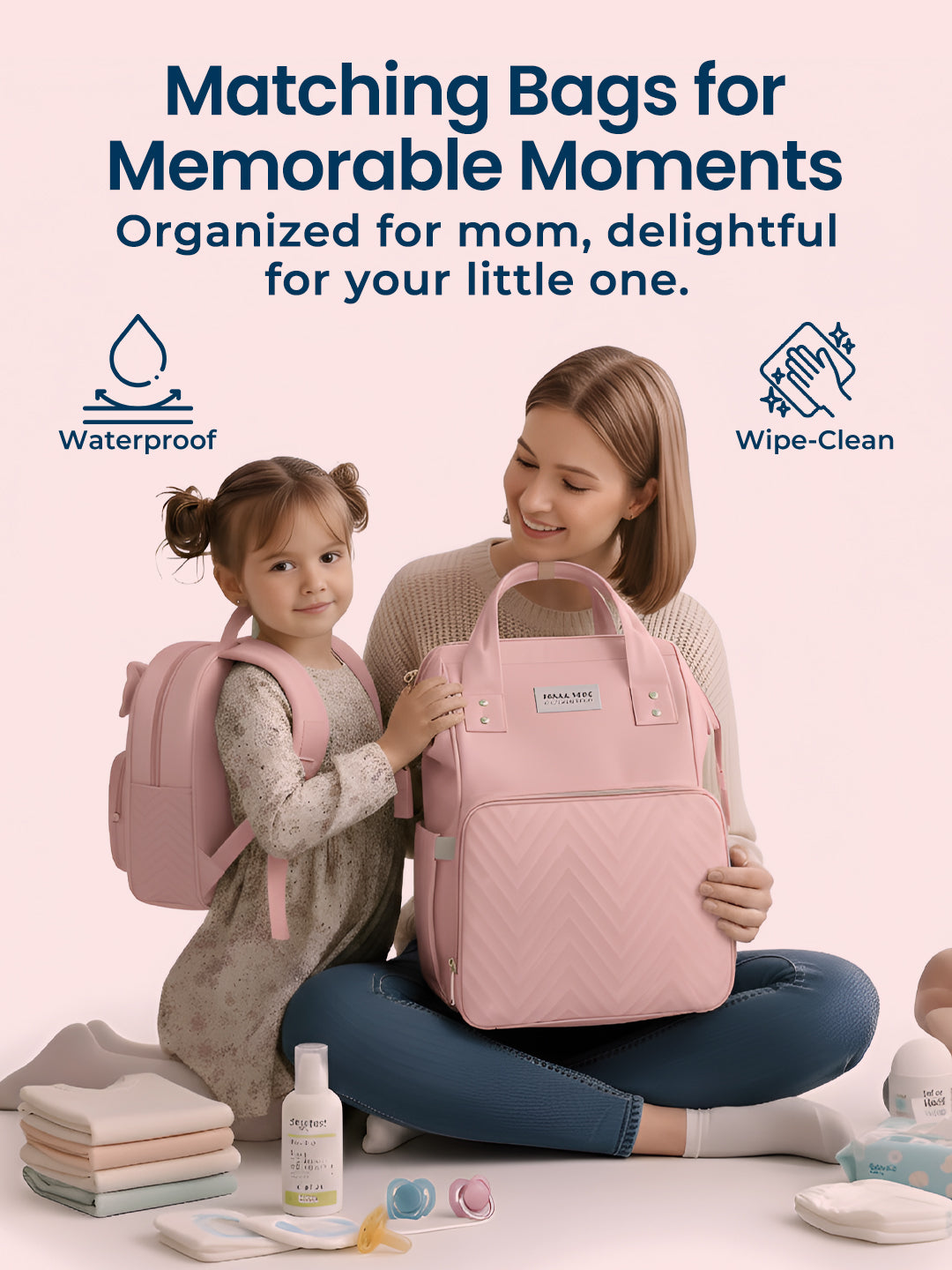 Polka Tots Pink Mama Mini Luxe Duo Diaper Bag with Attached Bow and Bag Pack (Set of 2)