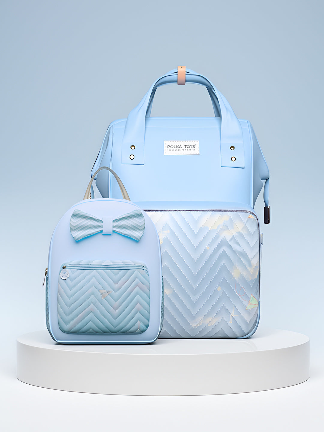 Polka Tots Blue Mama Mini Luxe Duo Diaper Bag with Attached Bow and Bag Pack (Set of 2)