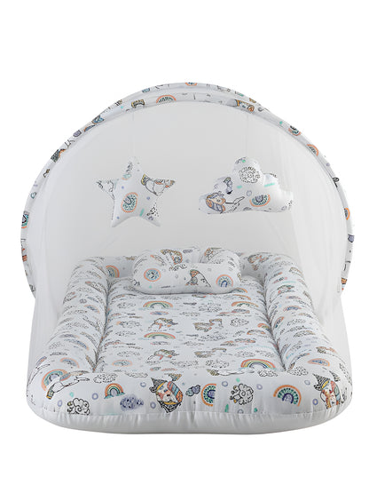 Polka Tots White Unicorn Cotton Sateen Mosquito Net Bed With Toys Dangling (18-24 Months)